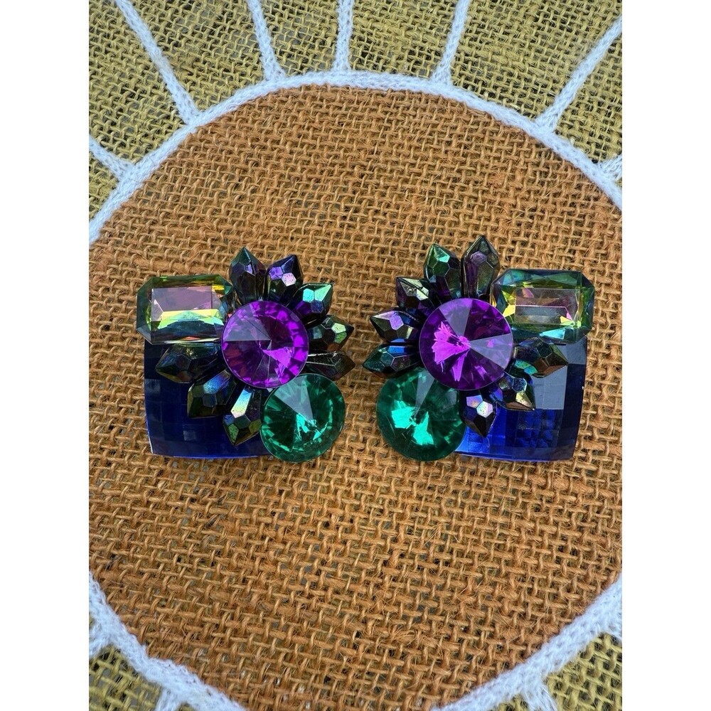 Vintage '80s Mogul Gripoix Style Gold Tone Chunky Clip-On Earrings Rhinestones